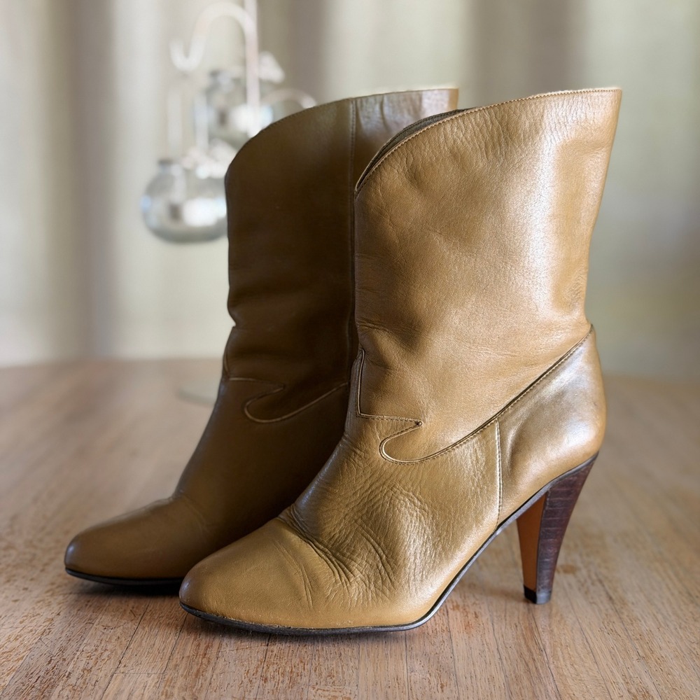 Vtg 80s Gemini Tan Leather Western Mid Calf Boots Stacked Heel 7.5B Cowgirl Boho